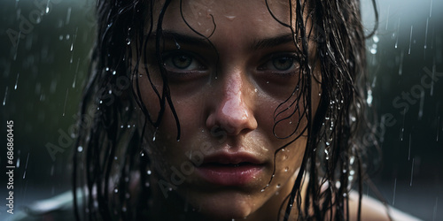 Subdued emotive portrait of a person in the rain, water droplets on the face, moody lighting