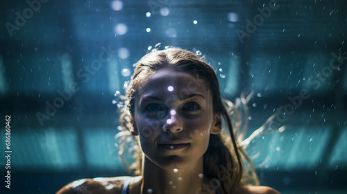 Underwater portrait of a female swimmer, streamlined form, bubbles trailing, intense concentration