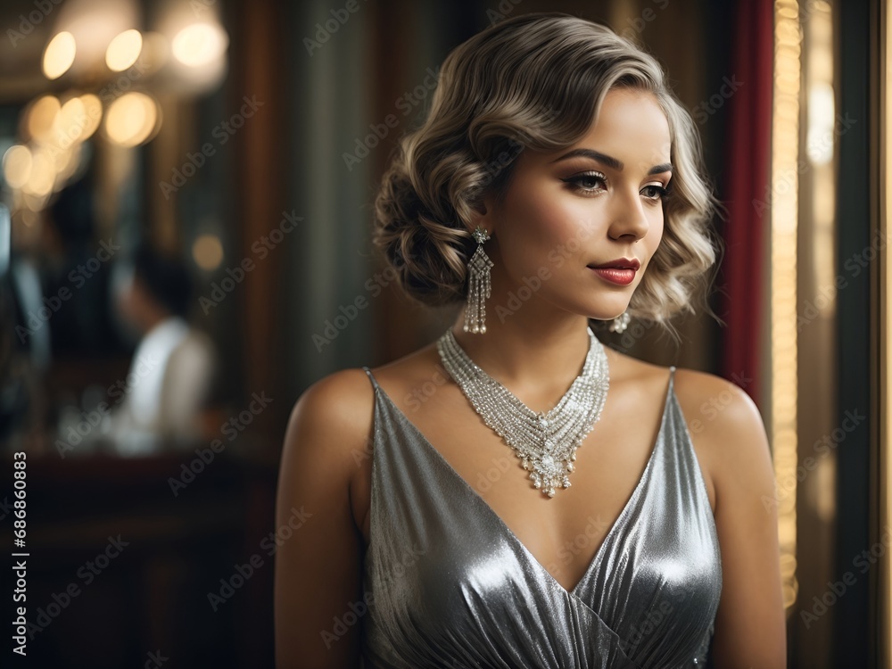 Φωτογραφία Photo of a beautiful woman in a silvery shiny dress, accessories