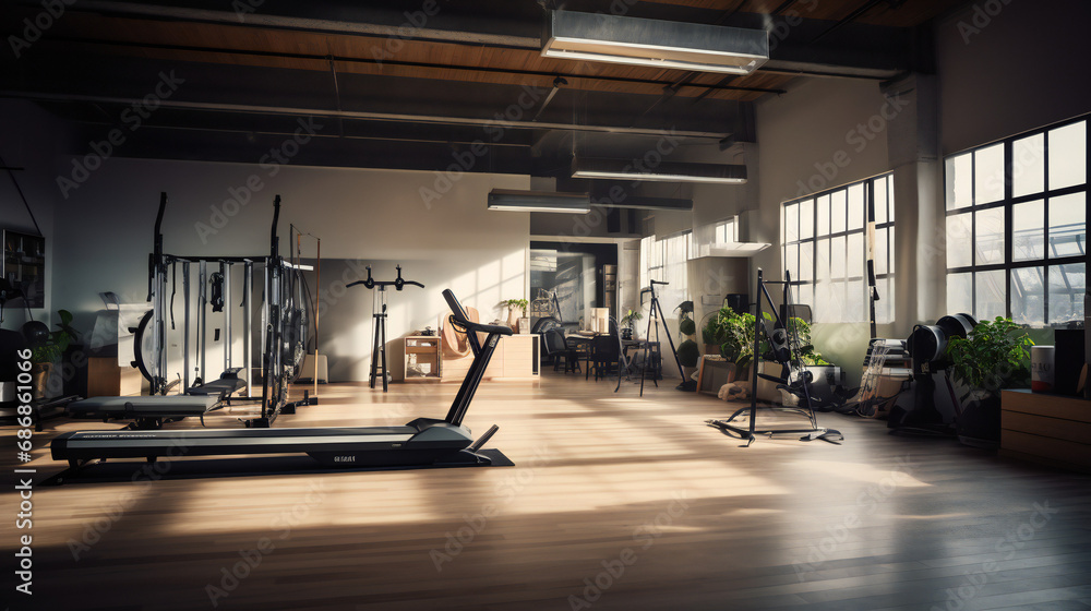 Fitness center interior.modern fitness center gym club with a workout room with treadmills on a sunny day in the morning. Generative AI Fitness center interior.modern fitness center gym club with a workout room with treadmills on a sunny day in the morning. Generative AI