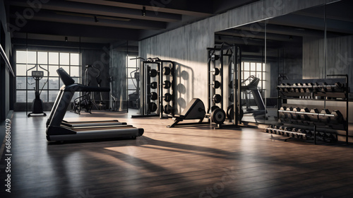 Fitness center interior.modern fitness center gym club with a workout room with treadmills on a sunny day in the morning. Generative AI