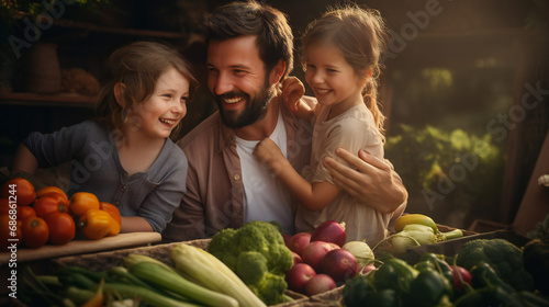 Happy family done with harvesting vegetables and smiling in Garden. Generation AI