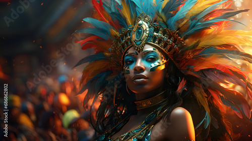 Carnival in Rio de Janeiro. A Brazilian woman, a beautiful dancer in a carnival costume with a bright festive makeup. © MaskaRad