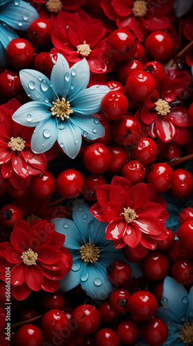 a group of red and blue flowers