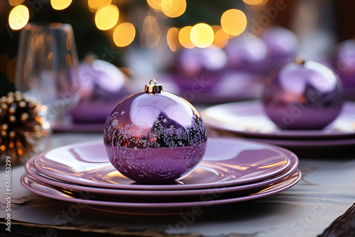 Christmas table setting with lilac dishes. New Year's festive atmosphere. serving.