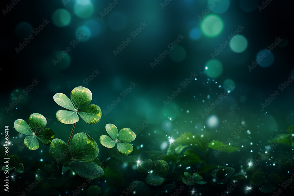 Clower leaves with sparkles and depth of field, St Patrick's day background. High quality photo - obrazy, fototapety, plakaty 