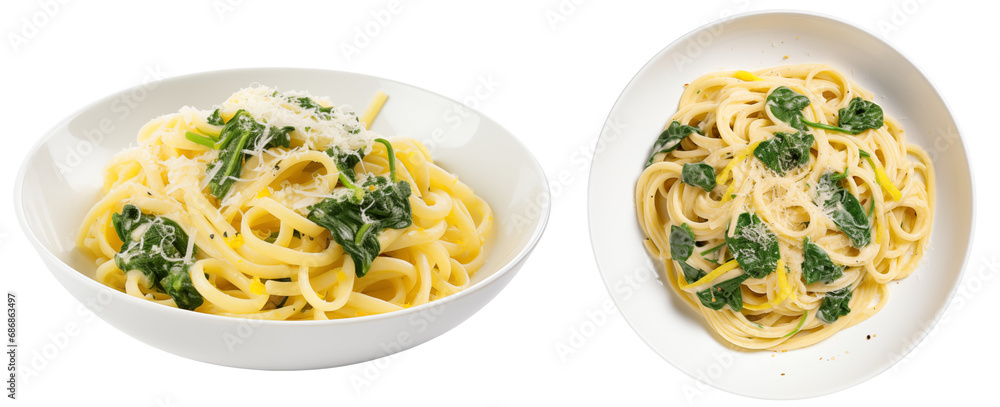 Italian lemon garlic pasta on plates isolated on a white background, side and top view, food bundle Italian lemon garlic pasta on plates isolated on a white background, side and top view, food bundle