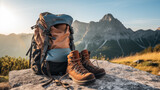 a backpack and boots on a rock