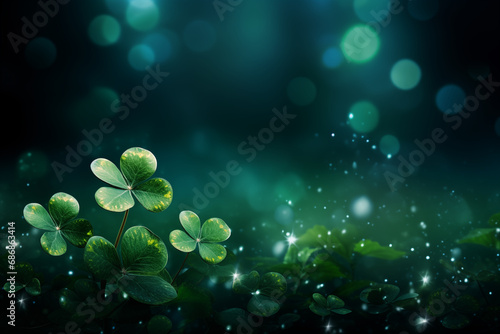 Clower leaves with sparkles and depth of field, St Patrick's day background. High quality photo