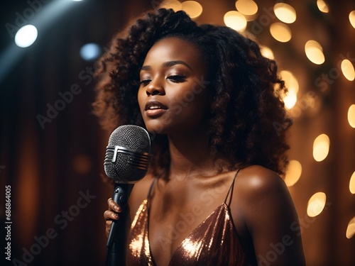 A beautiful African young woman in a shiny dress with a microphone sings on the stage the concept of learning vocals. performance of the singer at the New Year's holiday

