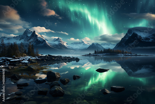 green northern lights. polar landscape with beautiful multicolored sky and mountains. without people. photo