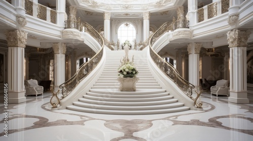 breathtaking upscale luxury white mansion with grand staircase in the center, 16:9