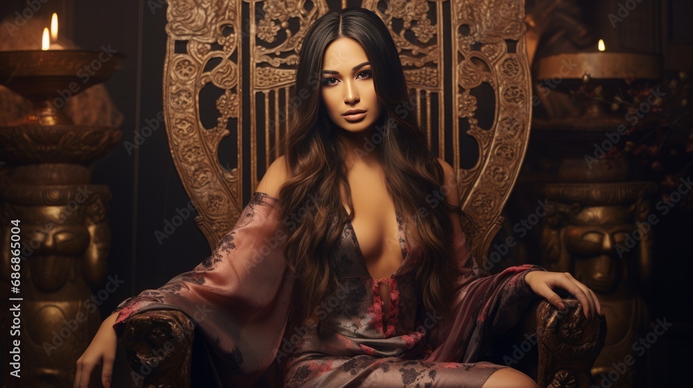 Φωτογραφία beautiful young oriental girl with long hair sitting on a chair, 16:9