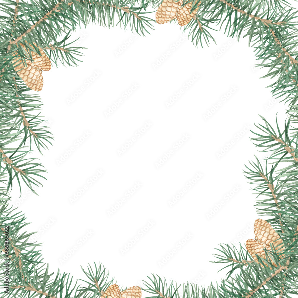 Round frame with pine branches and cones on a white background. Watercolor illustration. Christmas tree, coniferous forest, evergreen trees, needles, branches, greenery, hand-drawn. Christmas Round frame with pine branches and cones on a white background. Watercolor illustration. Christmas tree, coniferous forest, evergreen trees, needles, branches, greenery, hand-drawn. Christmas