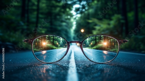 road leading to a source of light behind an eyeglass, with blur background, copy space, 16:9 © Christian