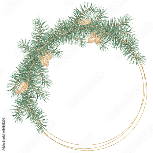 Round frame with pine branches and cones on a white background. Watercolor illustration. Christmas tree, coniferous forest, evergreen trees, needles, branches, greenery, hand-drawn. Christmas