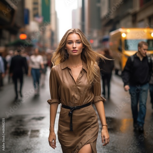 fashion model walking down a new york street, high quality