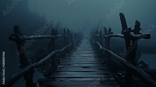 old wooden bridge leading to nowhere in the fog, broken, gloomy dark blue, mysterious, loneliness, copy space, 16:9