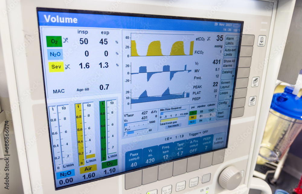 Hospital monitors display vital signs: hemodynamics, heart rate, blood ...