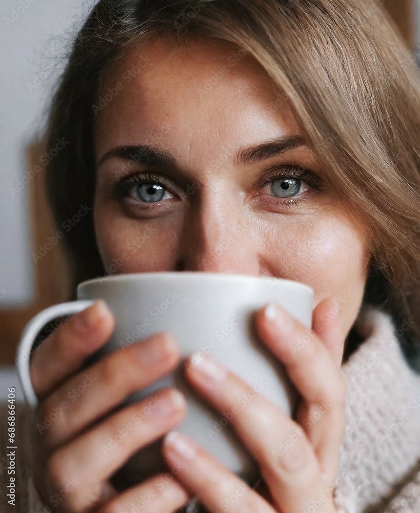 Woman holding a cup of coffee. Drink morning. A girl in a cozy house drinks a hot drink Woman holding a cup of coffee. Drink morning. A girl in a cozy house drinks a hot drink