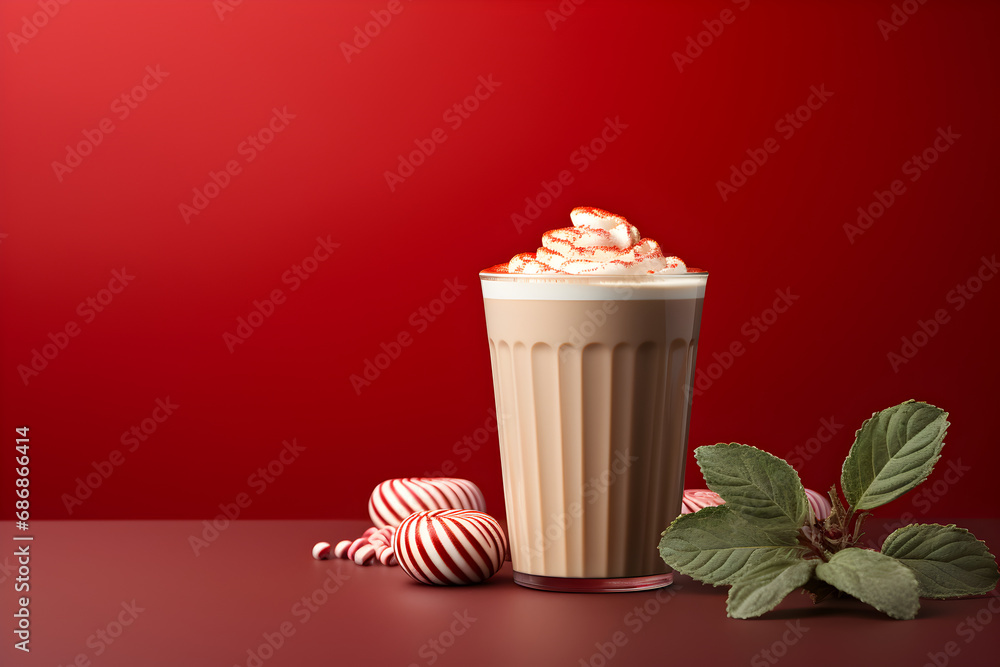Delicious Peppermint Latte on a Red Background with Space for Copy