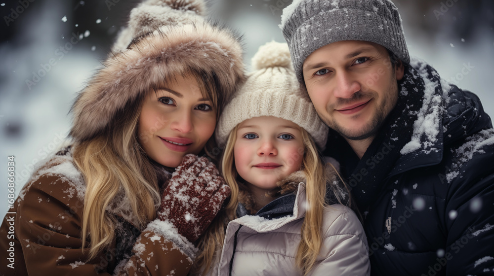 Beautiful happy family winter background scenery mom dad daughter son christmas winter time