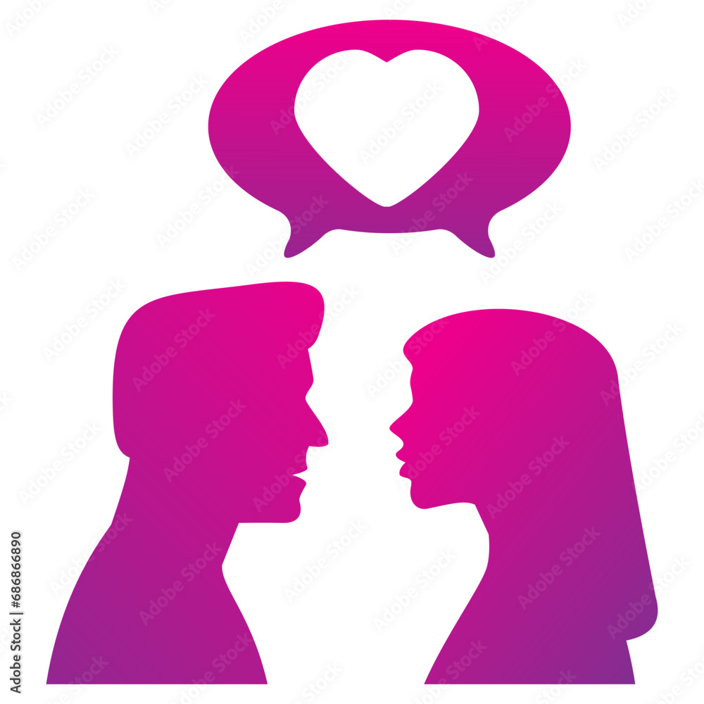Chat love. Chat heart.Talk love.Man and woman lovers couple texting messages chatting.Love couple talking.Online dating service application.Love messages heart shaped Valentine Day.Vector flat.