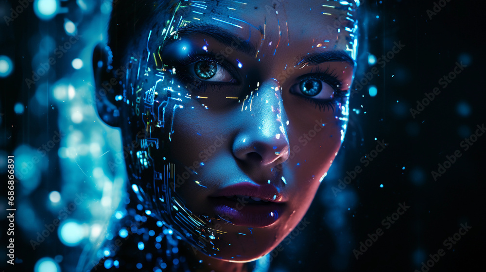 face merging with digital pixels and circuitry, neon streaks across the skin