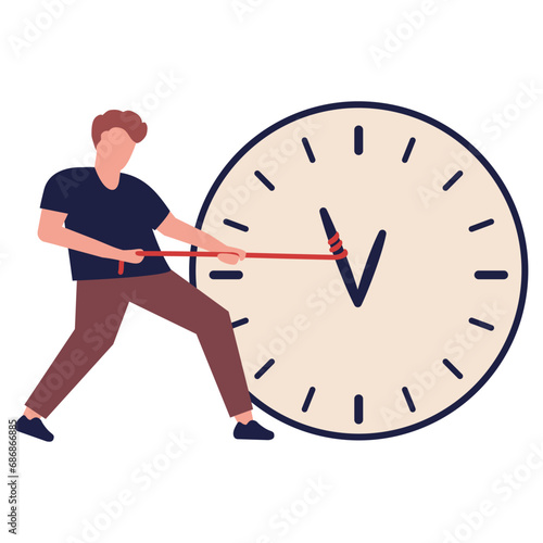 Time management people. Team working together.Clock controls the time of work and tasks.Multitasking organization of process. Vector flat illustration.People with timers clock. Work deadline.