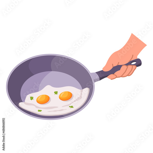 Fried eggs on frying pan.Fried egg breakfast cartoon.Flat omelet meal yolk.Fried egg.Healthy breakfast.Isolated on white background.Vector flat illustration.