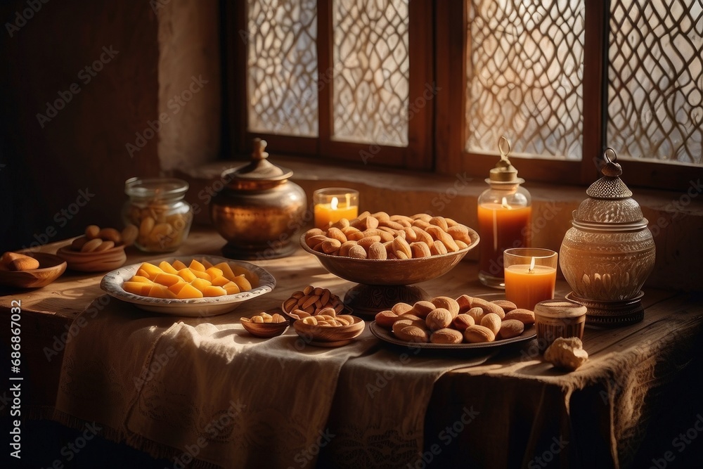 table with various Middle Eastern desserts and tea. There are plates and bowls of sweets like baklava, cookies, nuts, dates, syrup, etc... It has lighting coming through the window and a soft style.