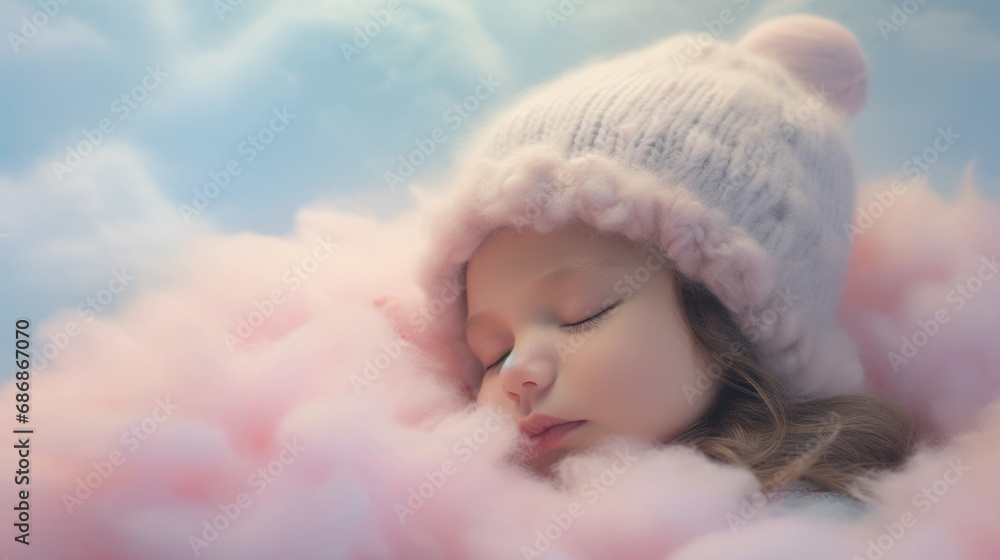 Newborn portrait with a soft knitted cap, nestled in a fluffy cloud of blankets Newborn portrait with a soft knitted cap, nestled in a fluffy cloud of blankets
