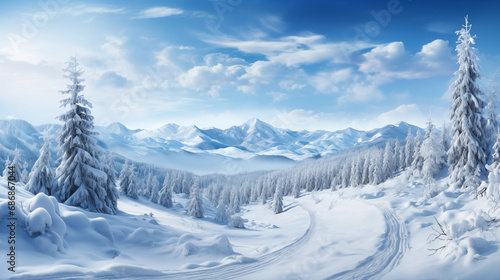 Beautiful winter background wallpaper landscape very snow blue sky © Adam