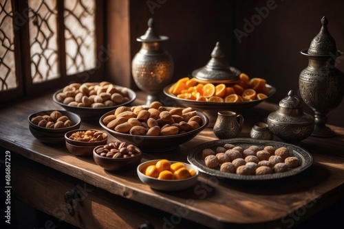 table with various Middle Eastern desserts and tea. There are plates and bowls of sweets like baklava  cookies  nuts  dates  syrup  etc... It has lighting coming through the window and a soft style.