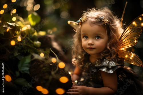Toddler portrait with a whimsical theme, fairy wings, enchanted forest backdrop, magical glow