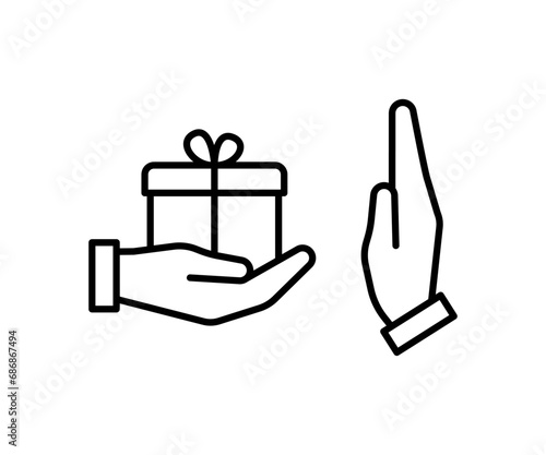 Hand gives gift box and gets rejected, line icon. Hand holding present. Fraud and bribery. Vector