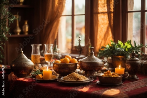 table with various Middle Eastern desserts and tea. There are plates and bowls of sweets like baklava, cookies, nuts, dates, syrup, etc... It has lighting coming through the window and a soft style.
