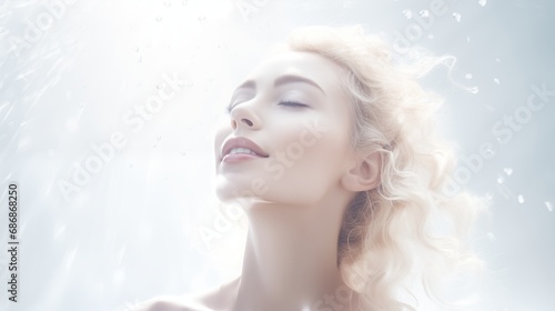 Beautiful woman basking in soft light, exudes a dreamlike aura, symbolizing happiness and love, perfect for content conveying beauty, joy, and romance.