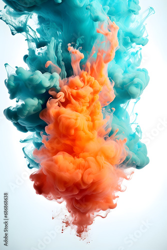 Turquoise and Orange smoke explosion, beautiful smoke flame on white background 