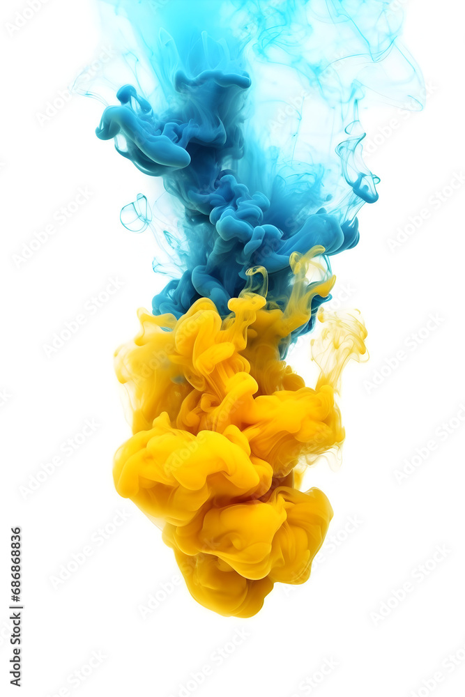 Yellow and Blue smoke rises, aqua color explosion on white background, floating smoke