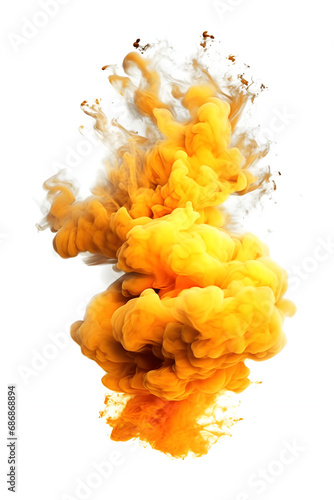 Yellow smoke flame explosion on white background 