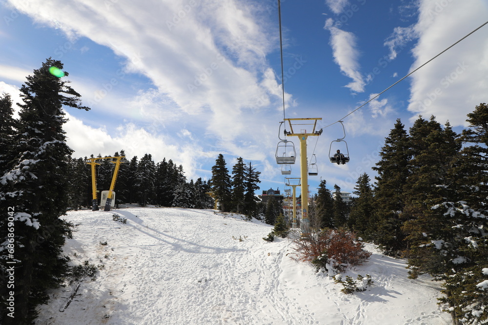 Ski Lift snowy mountain winter forest with chair lift At The Ski Resort in winter. Snowy weather Ski holidays Winter sport and outdoor activities Outdoor tourism, Bursa (Turkey), Uludağ ski lift Ski Lift snowy mountain winter forest with chair lift At The Ski Resort in winter. Snowy weather Ski holidays Winter sport and outdoor activities Outdoor tourism, Bursa (Turkey), Uludağ ski lift