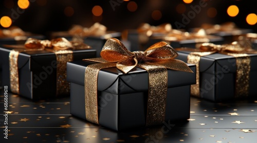 Black boxes for gifs wrapped by golden ribbons arranged on wooden table with golden stars on it, Holiday concept, present, Christmas, New Year.