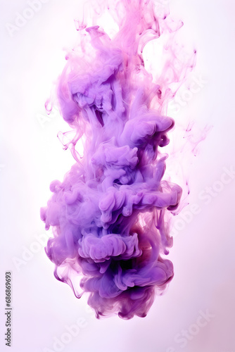 Purple smoke explosion on white background that looks like a flame, Vibrant Purple Smoke Flame: Dynamic Vertical Explosion on White