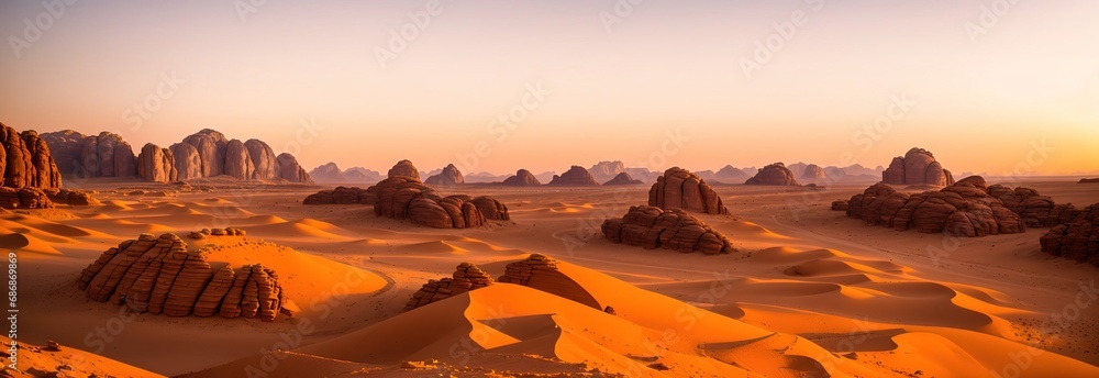Fototapeta premium Dry desert landscape. Hot lifeless sand, Generative AI.