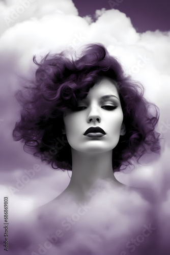 Model with purple hair and umbrella in front of black and white clouds