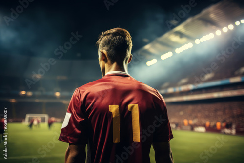 Half-length shot from behind of professional soccer player on the field of huge football stadium under the evening lighting. Determined male athlete ready to take to the field for championship match. © Georgii