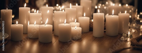 Burning scented candles for relax on wooden tableGenerative AI. photo