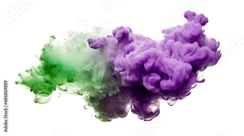 Purple green smoke dust explosion on white background 