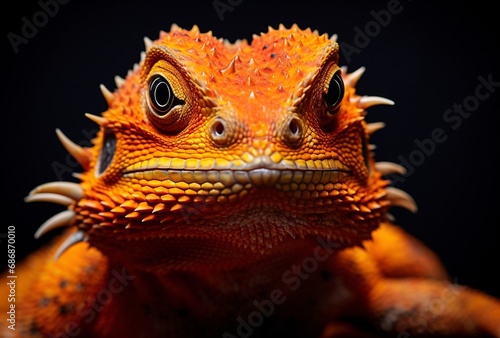 a portrait of a lizard with black background and a frontal view  fine art